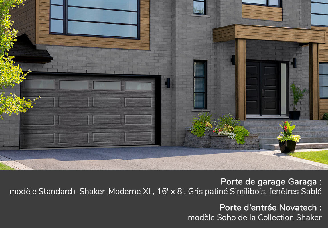 Portes de garage GARAGA | Standard+ Shaker-Moderne XL, 16' x 8', Gris patiné Faux bois, fenêtres Sablé | Porte d'entrée Novatech